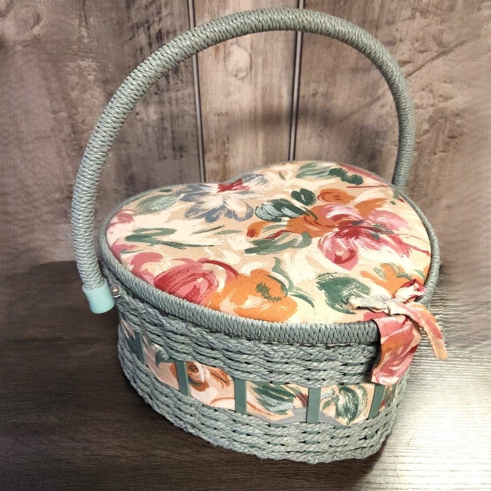 Vtg Heart Shaped 80s Sewing Basket Blue Wicker Handle Storage Box Cottagecore